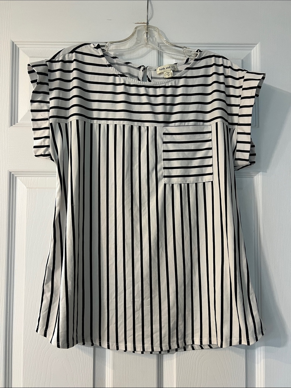 Faith and Joy Black and White Striped Cap Sleeve Pocket Top